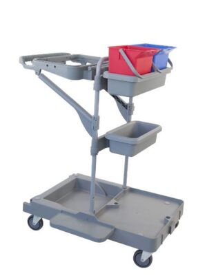 Werkwagen 100 compleet met 4 wielen 66x85x112cm met afvalzakhouder, emmers rood en blauw 6ltr, extra tray, plateau
